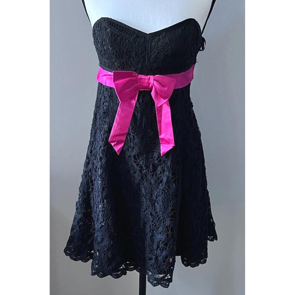 VTG Y2K Betsey Johnson Black Lace Strapless Cupcake Dress Pink Bow Sz 2